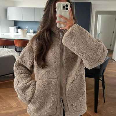Winter Lapel Zip-up Coat With Pockets Casual Fashion Solid Fleece Jacket Fall Spring Long Sleeve Women's Clothing