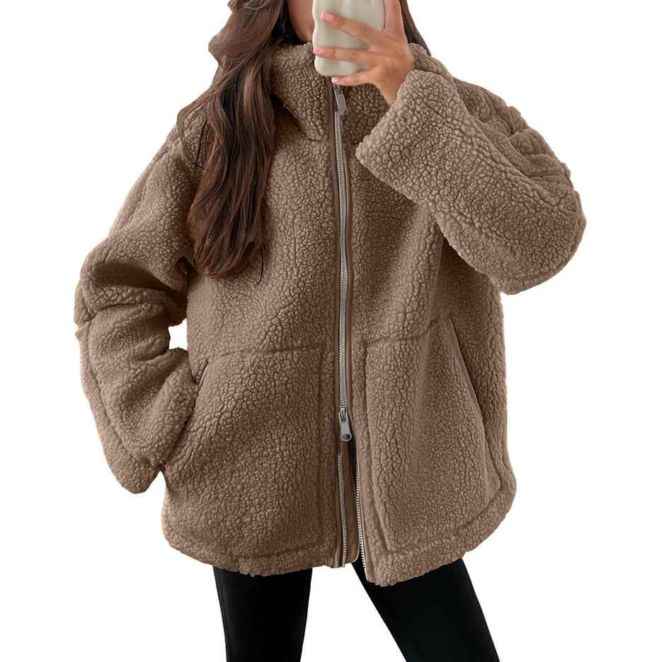Winter Lapel Zip-up Coat With Pockets Casual Fashion Solid Fleece Jacket Fall Spring Long Sleeve Women's Clothing