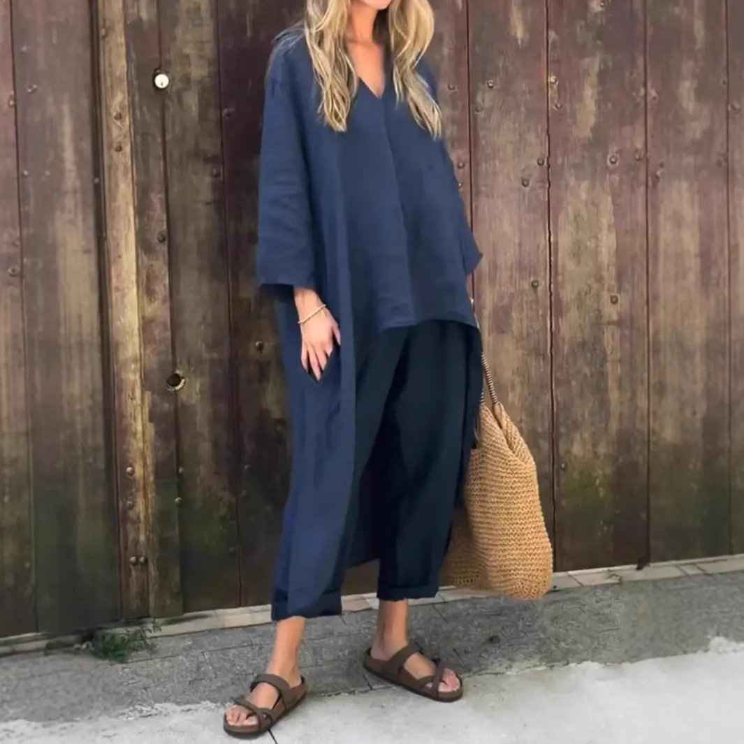 2pcs Long-sleeved Suits Loose V-neck Long Top And High Waist Wide Leg Pants With Pockets Women's Clothing