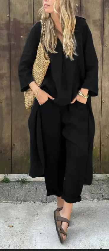 2pcs Long-sleeved Suits Loose V-neck Long Top And High Waist Wide Leg Pants With Pockets Women's Clothing