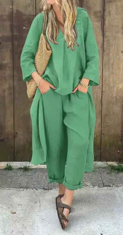2pcs Long-sleeved Suits Loose V-neck Long Top And High Waist Wide Leg Pants With Pockets Women's Clothing