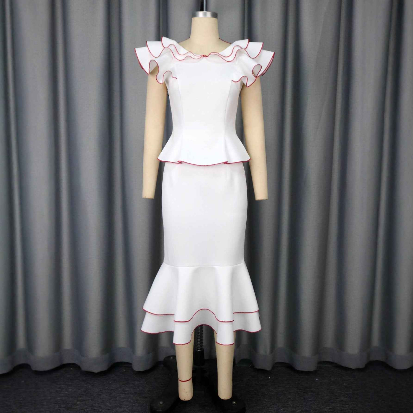 Women's Ruffled Contrast Color Top Temperament Slim Fishtail Skirt Suit