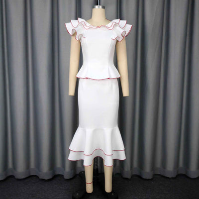 Women's Ruffled Contrast Color Top Temperament Slim Fishtail Skirt Suit