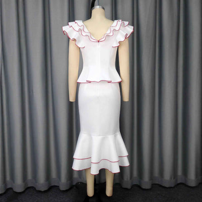 Women's Ruffled Contrast Color Top Temperament Slim Fishtail Skirt Suit