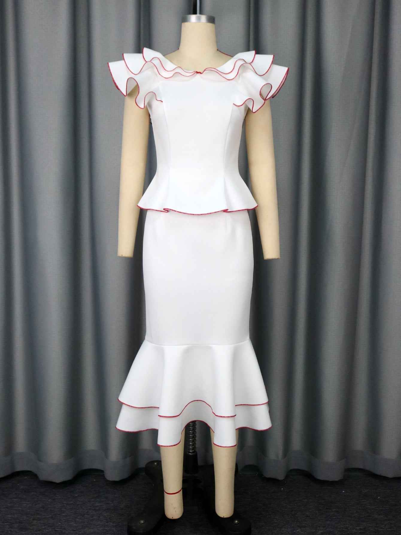 Women's Ruffled Contrast Color Top Temperament Slim Fishtail Skirt Suit