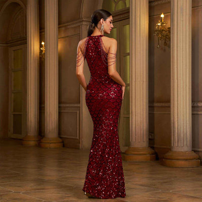 Elegant Sleeveless Round Neck Sequins Slim Sheath Banquet Fishtail Dress