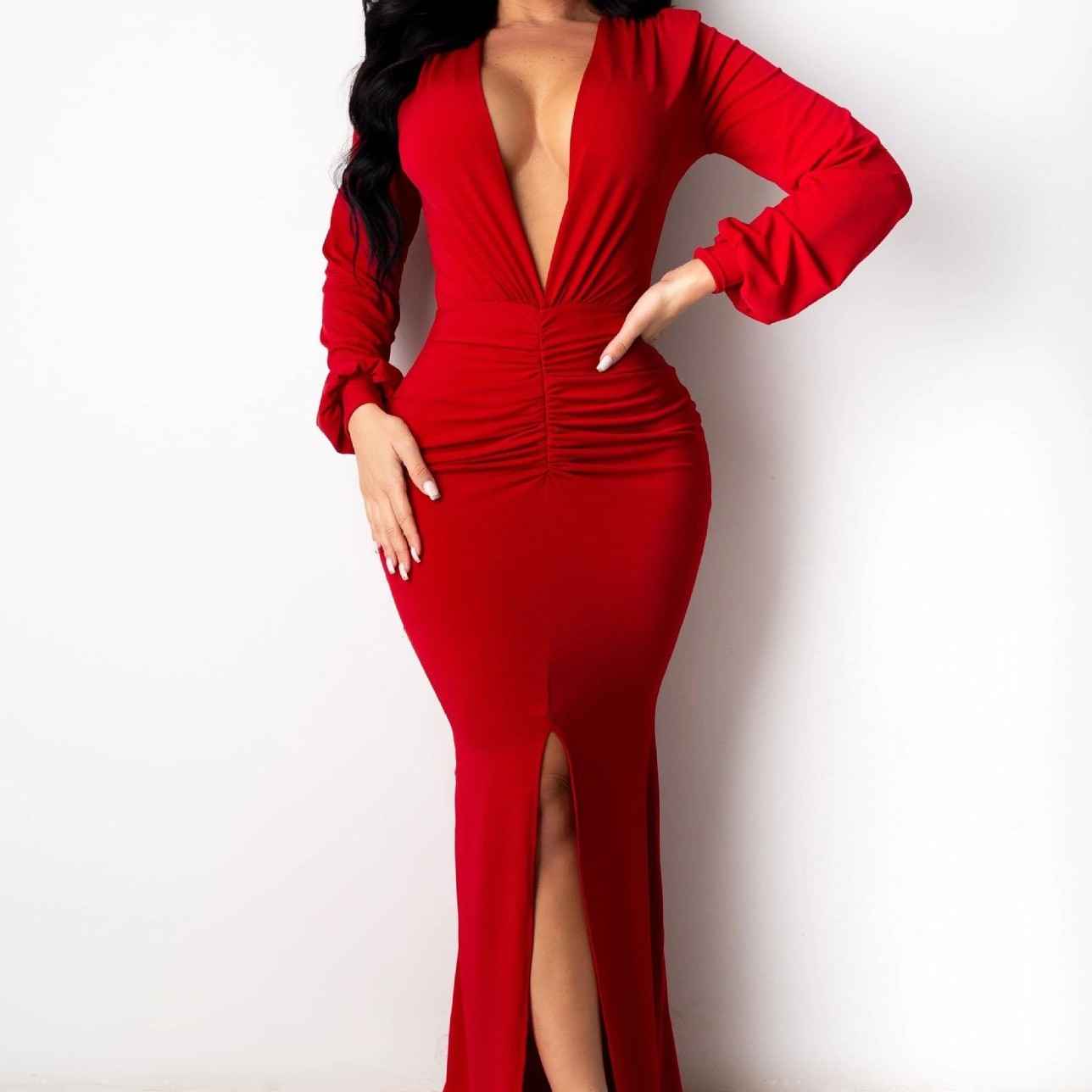 Women's Large V-neck Slim-fit Nightclub Evening Dress