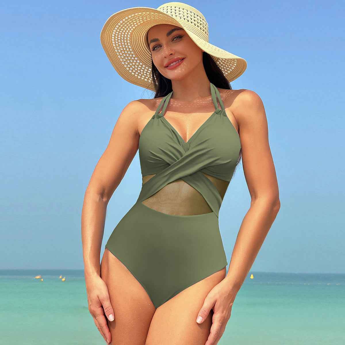 Halter-neck One-piece Swimsuit Summer Solid Color Cross-strap Design Mesh Bikini Beach Vacation Womens Clothing