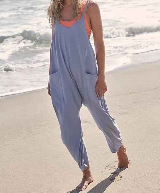 Summer Women's Loose Sleeveless Jumpsuits Spaghetti Strap Long Pant Romper Jumpsuit With Pockets Zipper