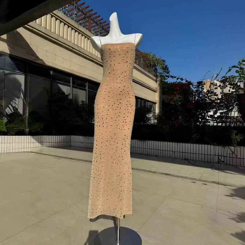 Elegant Nude & Black Sequin Spaghetti Strap Dress - High-End Luxury Slim Fit Long Dress For Parties, Birthdays & Special Occasions