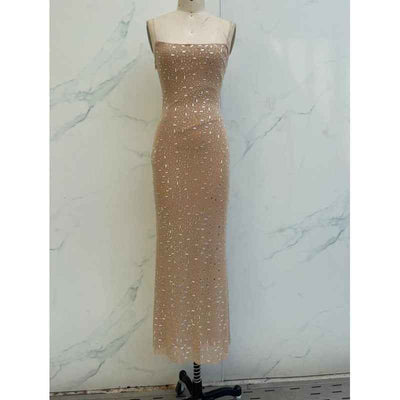Elegant Nude & Black Sequin Spaghetti Strap Dress - High-End Luxury Slim Fit Long Dress For Parties, Birthdays & Special Occasions