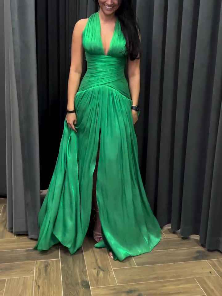 Emerald Green Plunging Neckline Gown With Pleated Skirt And Side Slit