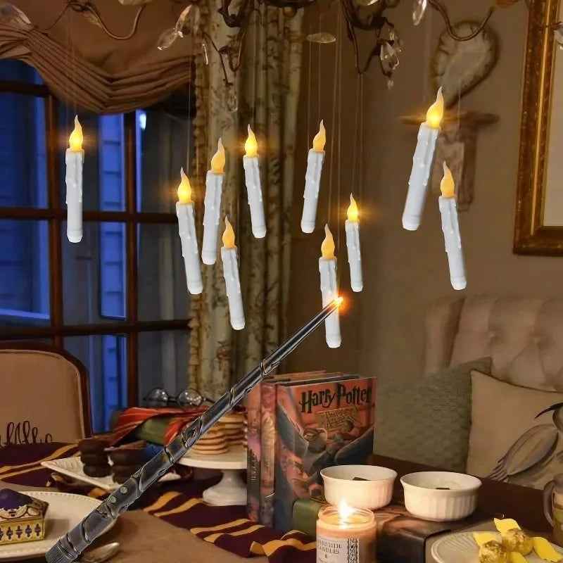 12pc Floating LED Candles Halloween Decoration Magic Wand Remote Control Long Pole With Hook Christmas Party Decor Candle Lights
