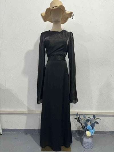 Elegant Summer Sleeve Contrast Chiffon & Satin Maxi Dress With Flared Cuffs - Slim Fit Long Dress For Women