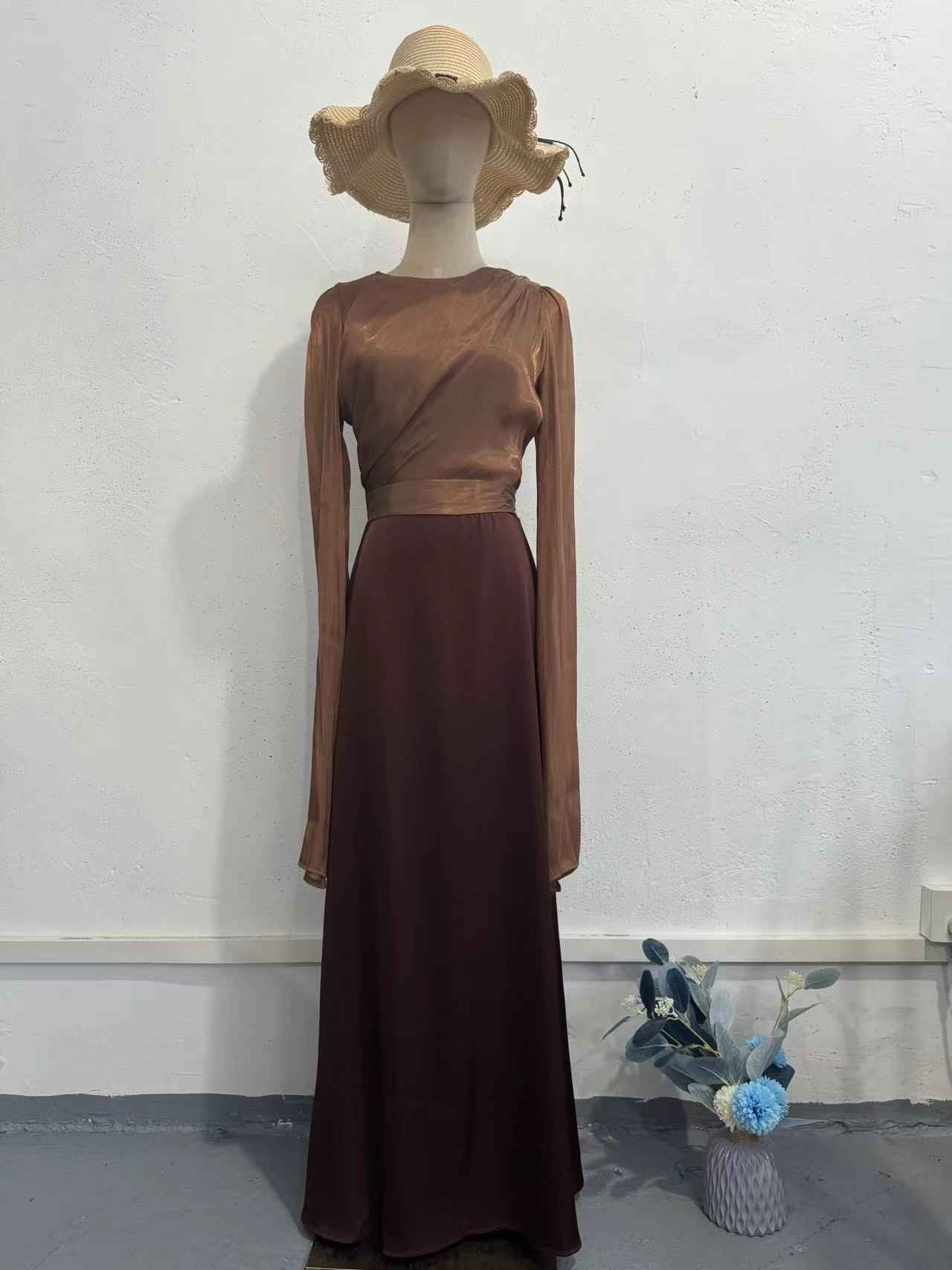 Elegant Summer Sleeve Contrast Chiffon & Satin Maxi Dress With Flared Cuffs - Slim Fit Long Dress For Women