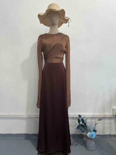 Elegant Summer Sleeve Contrast Chiffon & Satin Maxi Dress With Flared Cuffs - Slim Fit Long Dress For Women