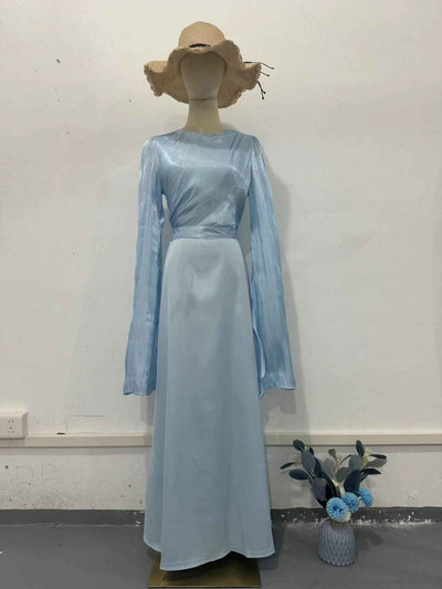 Elegant Summer Sleeve Contrast Chiffon & Satin Maxi Dress With Flared Cuffs - Slim Fit Long Dress For Women