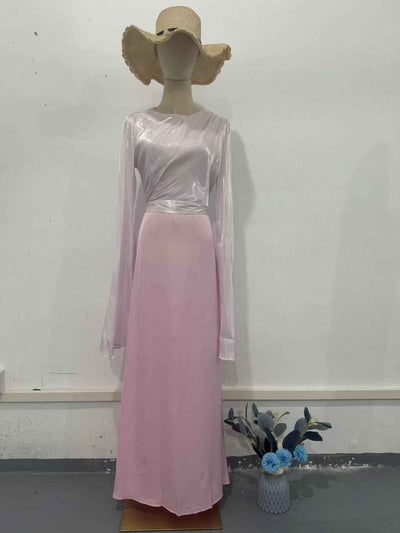 Elegant Summer Sleeve Contrast Chiffon & Satin Maxi Dress With Flared Cuffs - Slim Fit Long Dress For Women