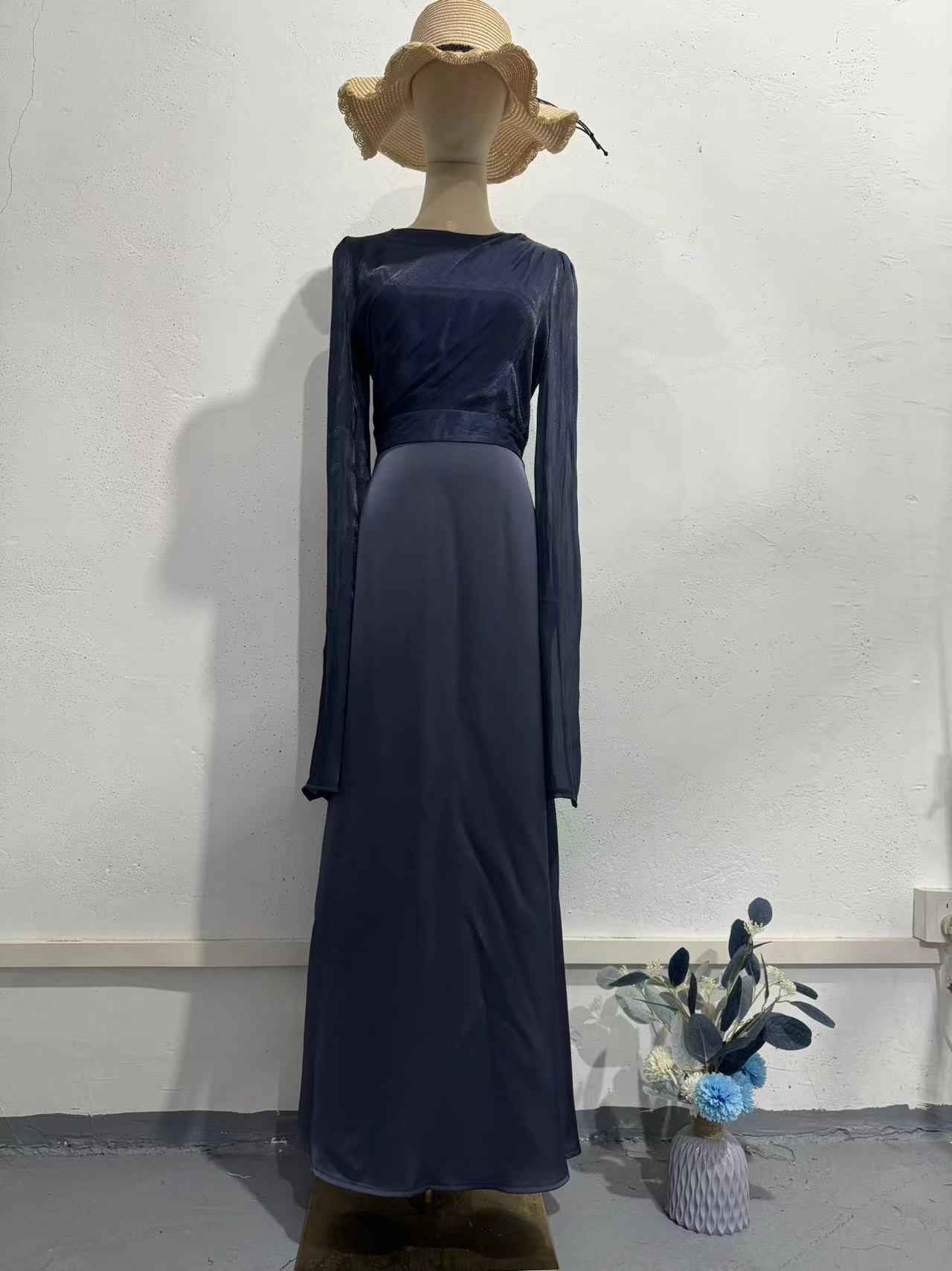 Elegant Summer Sleeve Contrast Chiffon & Satin Maxi Dress With Flared Cuffs - Slim Fit Long Dress For Women