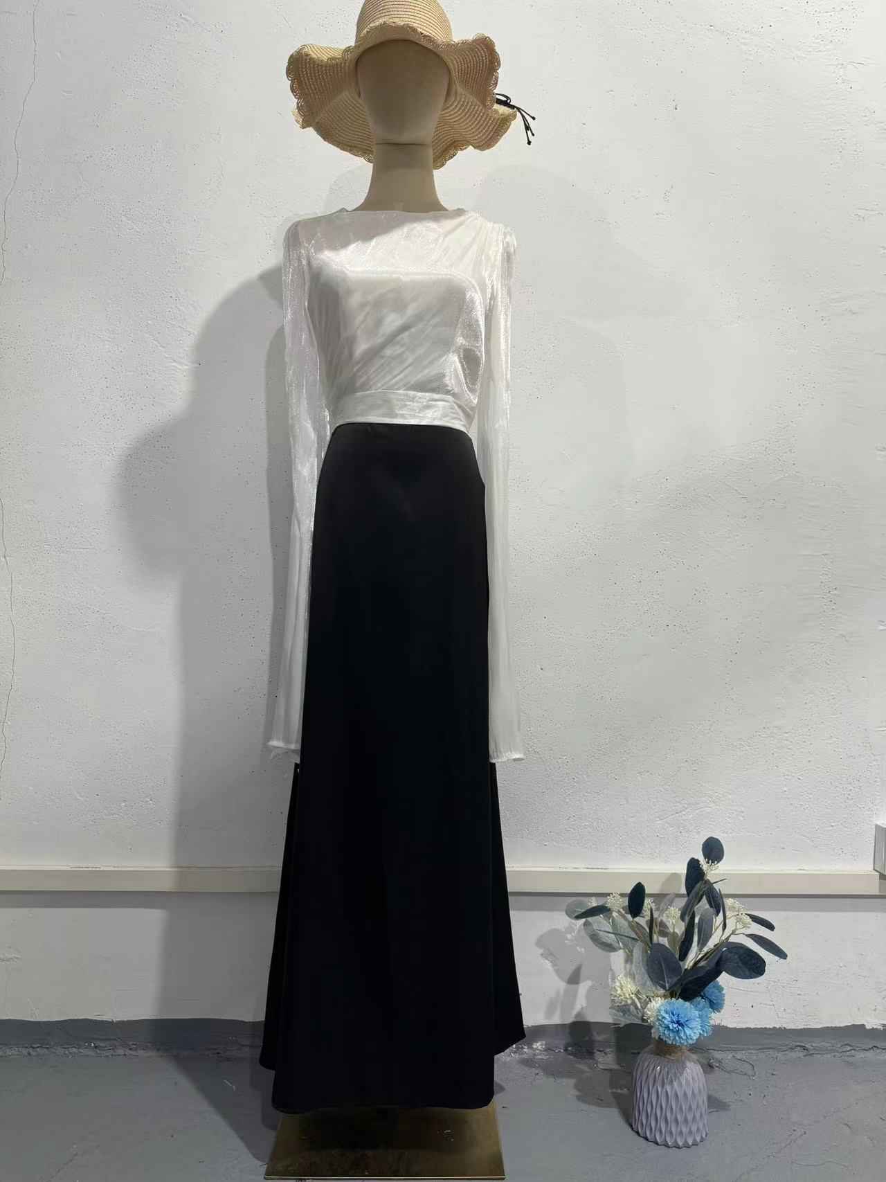 Elegant Summer Sleeve Contrast Chiffon & Satin Maxi Dress With Flared Cuffs - Slim Fit Long Dress For Women