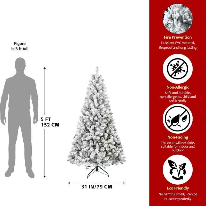 Unlit Artificial Christmas Tree Snow Flocked Fake Christmas Tree With Foldable Base