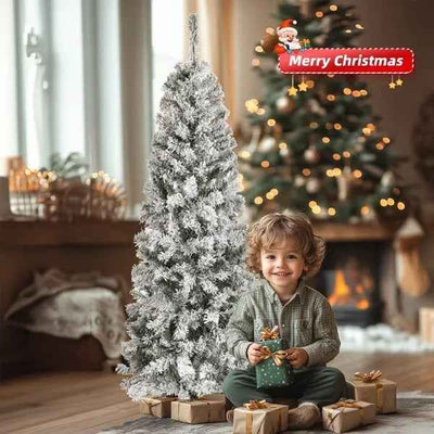 6 FT Snow Flocked Hinged Christmas Tree, Artificial Pencil Christmas Tree, Unlit Artificial Christmas Pine Tree With 320 Branch Tips And Sturdy Metal Stand, Snowy Green