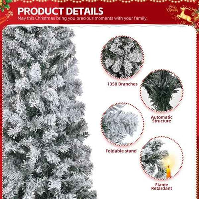 6 FT Snow Flocked Hinged Christmas Tree, Artificial Pencil Christmas Tree, Unlit Artificial Christmas Pine Tree With 320 Branch Tips And Sturdy Metal Stand, Snowy Green
