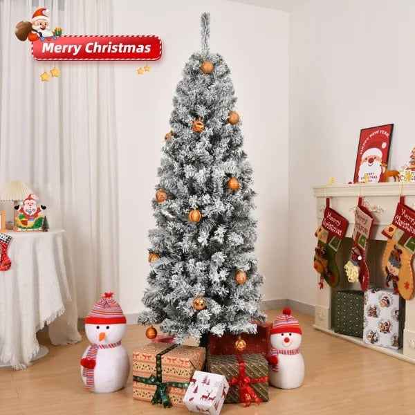6 FT Snow Flocked Hinged Christmas Tree, Artificial Pencil Christmas Tree, Unlit Artificial Christmas Pine Tree With 320 Branch Tips And Sturdy Metal Stand, Snowy Green