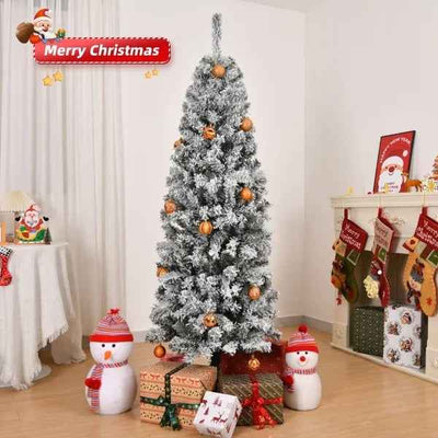 6 FT Snow Flocked Hinged Christmas Tree, Artificial Pencil Christmas Tree, Unlit Artificial Christmas Pine Tree With 320 Branch Tips And Sturdy Metal Stand, Snowy Green