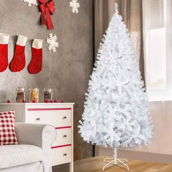 7FT White Christmas Tree With 950 Branches - Premium Artificial Spruce Hinged Snowy Solid White Christmas Tree Lightweight And Easy To Assemble With Christmas Tree Metal Stand