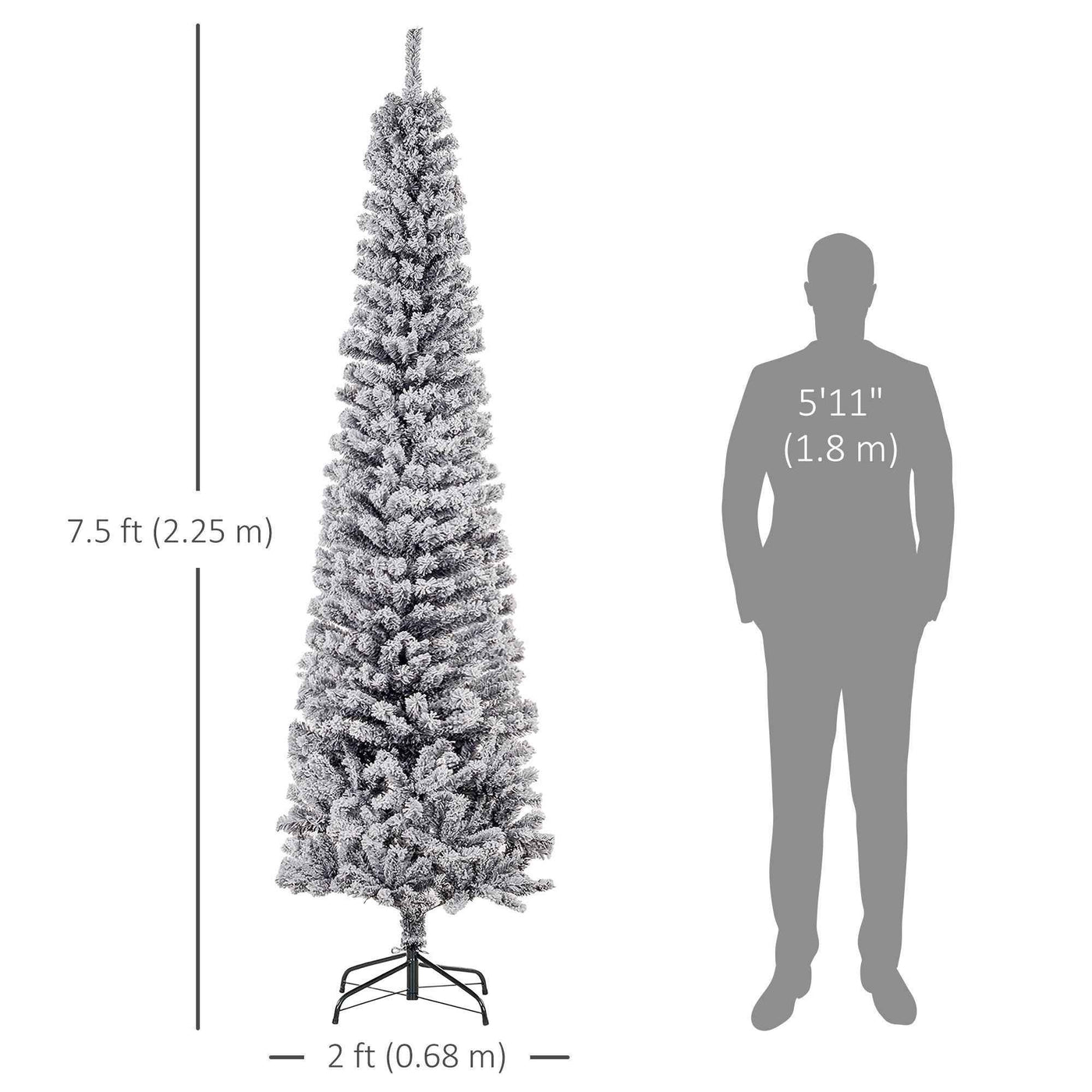 7.5ft Flocked Christmas Tree, Pencil Christmas Tree With Realistic Branch Tips, Folding Metal Stand, Black