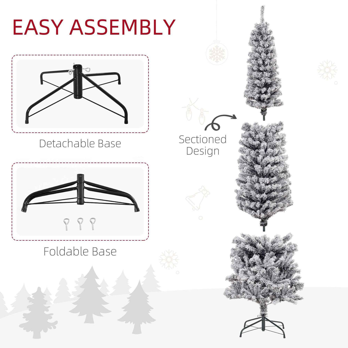 7.5ft Flocked Christmas Tree, Pencil Christmas Tree With Realistic Branch Tips, Folding Metal Stand, Black
