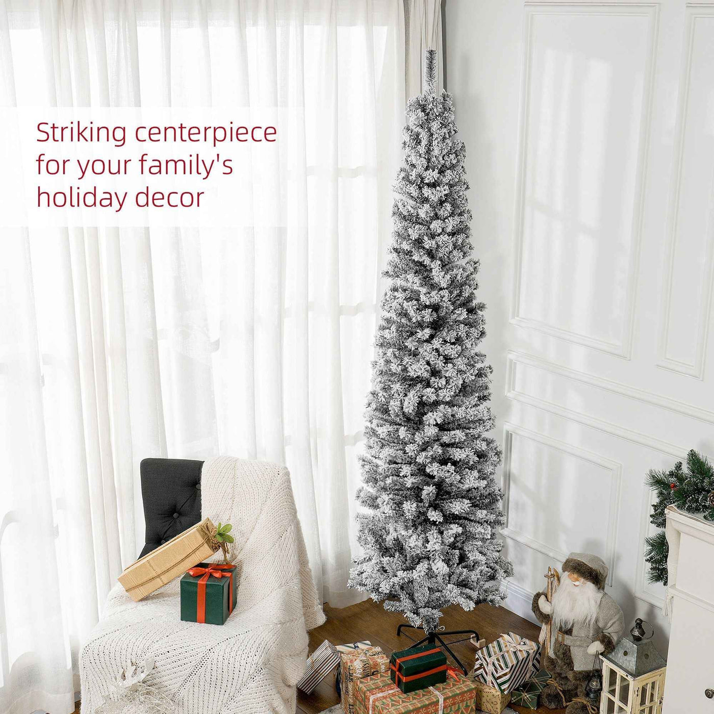 7.5ft Flocked Christmas Tree, Pencil Christmas Tree With Realistic Branch Tips, Folding Metal Stand, Black