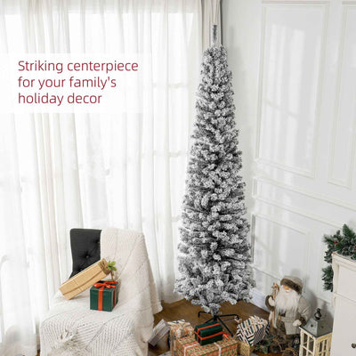 7.5ft Flocked Christmas Tree, Pencil Christmas Tree With Realistic Branch Tips, Folding Metal Stand, Black