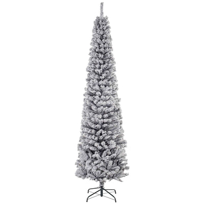 7.5ft Flocked Christmas Tree, Pencil Christmas Tree With Realistic Branch Tips, Folding Metal Stand, Black
