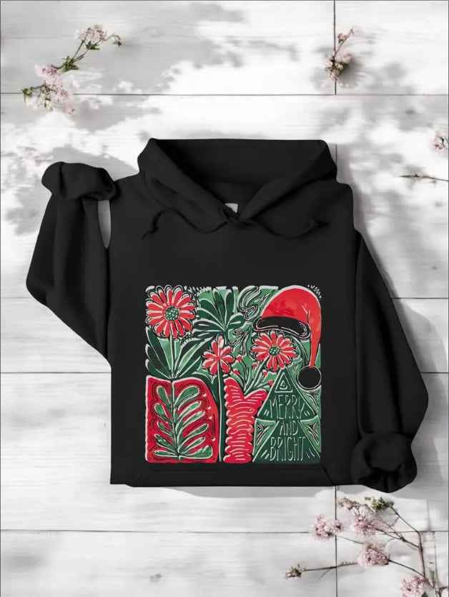 Boho Floral Christmas Hoodie, Christmas Hand Drawn Hoodie, Merry And Bright Boho Xmas Hoodie, Gift For The Holidays, Xmas Season Hoodie, Coquette Christmas Hoodie