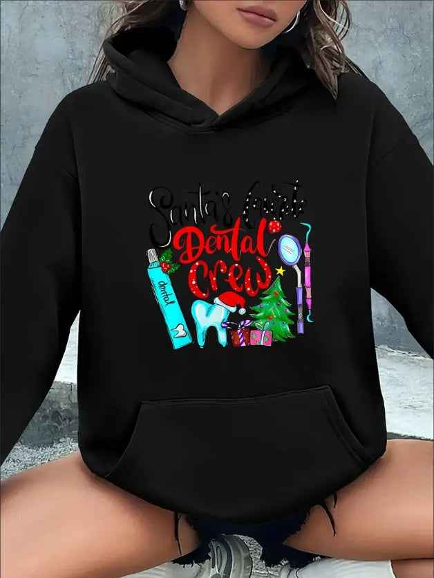 Christmas Dental Crew Graphic Hoodie For Women, Festive Santa & Gifts Print, All-Season Hooded Sweatshirt Comfortable Lightweight Casual Wear