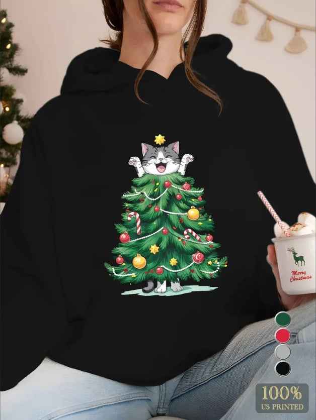 Cozy Christmas Cat Hoodie For Women - Casual Machine Washable - Perfect For Fall Winter, Best For Christmas