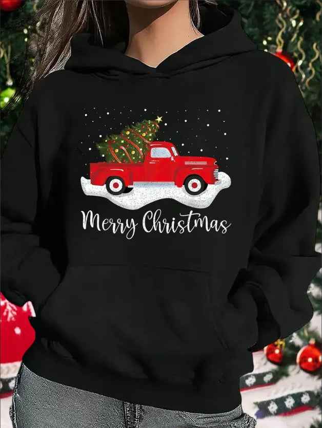 Women'S Casual Christmas Red Truck Hoodie,  With Patchwork Detail, Festive Merry Christmas Print, Hooded Sweatshirt For Spring Autumn