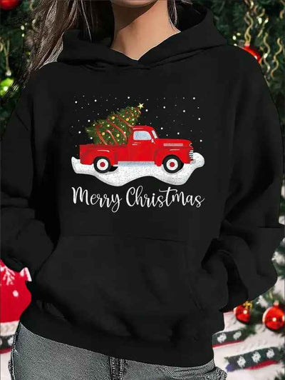 Women'S Casual Christmas Red Truck Hoodie,  With Patchwork Detail, Festive Merry Christmas Print, Hooded Sweatshirt For Spring Autumn