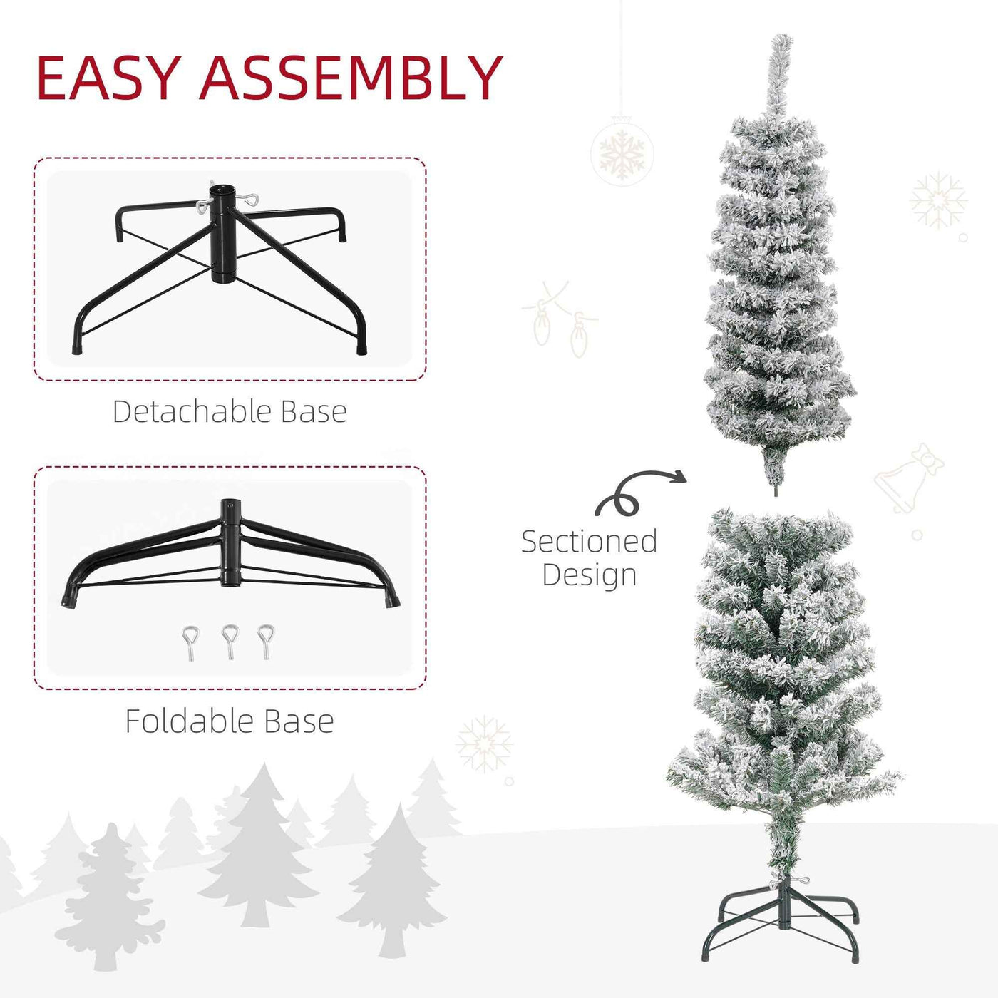 5ft Flocked Christmas Tree, Pencil Christmas Tree With Realistic Branch Tips, Folding Metal Stand, Green