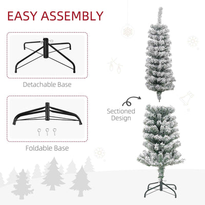 5ft Flocked Christmas Tree, Pencil Christmas Tree With Realistic Branch Tips, Folding Metal Stand, Green