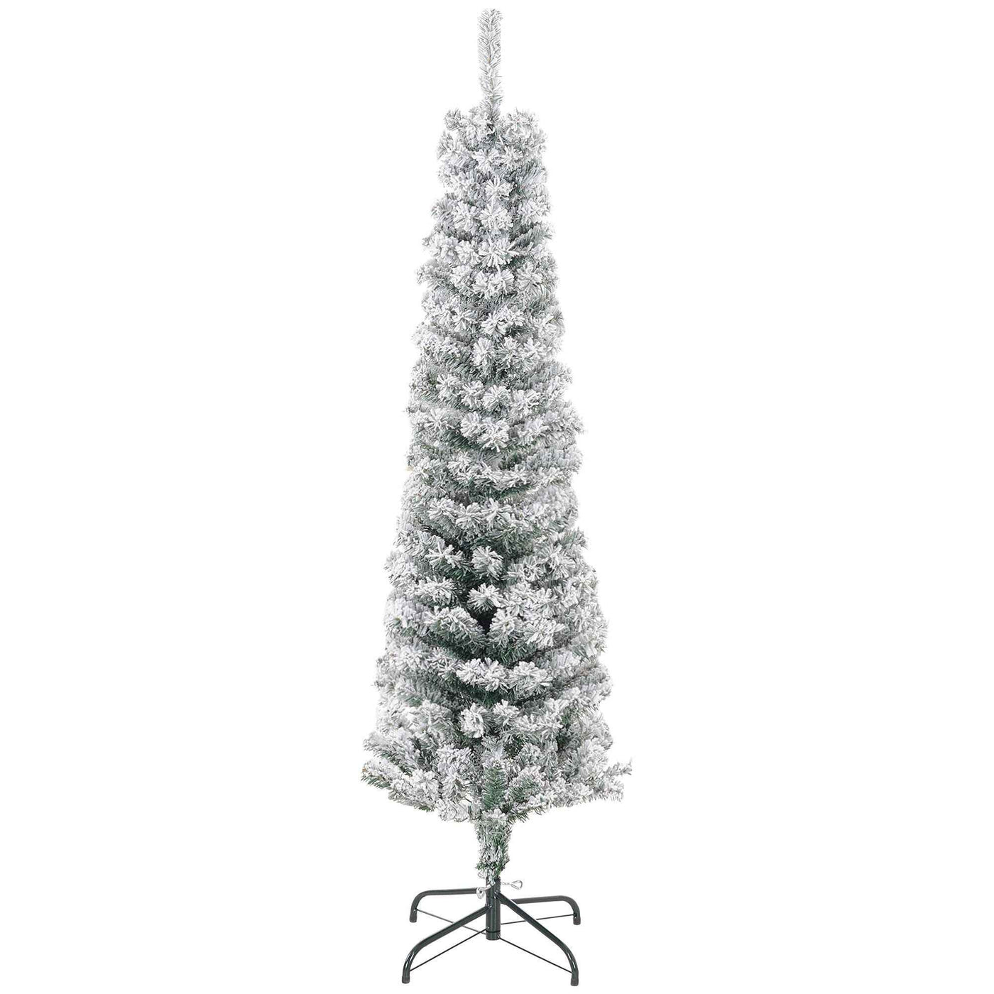 5ft Flocked Christmas Tree, Pencil Christmas Tree With Realistic Branch Tips, Folding Metal Stand, Green