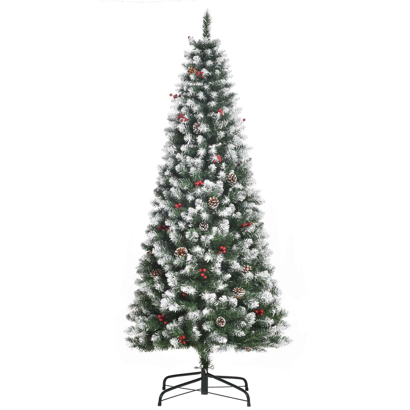 6ft Decorated Christmas Tree With Red Berries And Pine Cones, Flocked Christmas Tree With Pencil Shape, Green