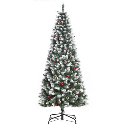 6ft Decorated Christmas Tree With Red Berries And Pine Cones, Flocked Christmas Tree With Pencil Shape, Green