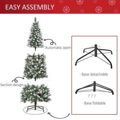 6ft Decorated Christmas Tree With Red Berries And Pine Cones, Flocked Christmas Tree With Pencil Shape, Green