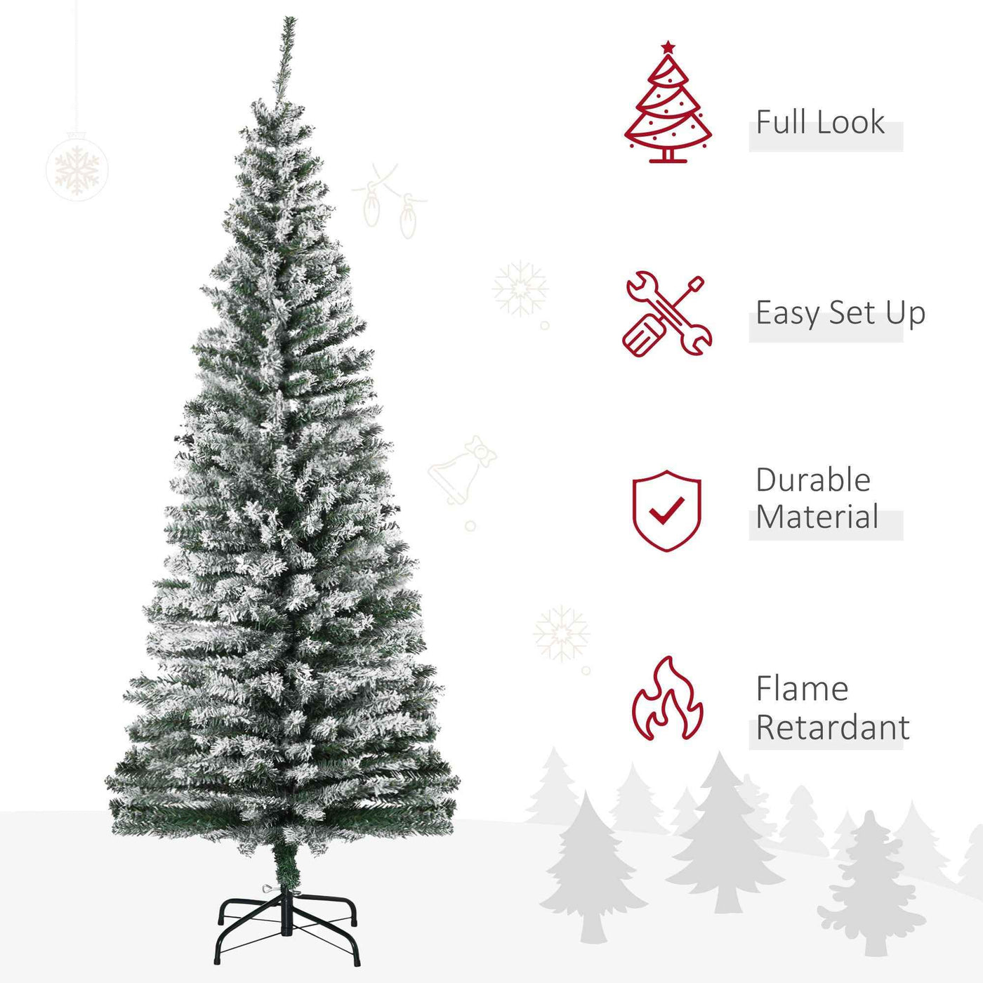 6ft Flocked Christmas Tree, Pencil Christmas Tree With Realistic Branch Tips, Folding Metal Stand, Green