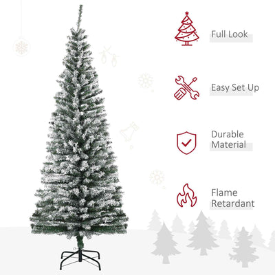 6ft Flocked Christmas Tree, Pencil Christmas Tree With Realistic Branch Tips, Folding Metal Stand, Green