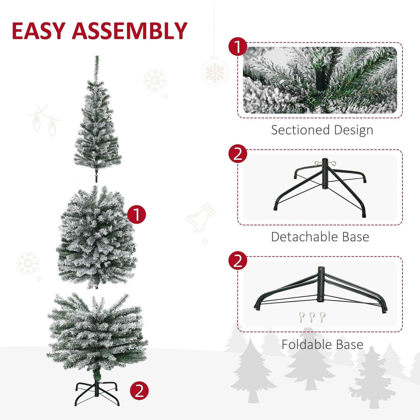 6ft Flocked Christmas Tree, Pencil Christmas Tree With Realistic Branch Tips, Folding Metal Stand, Green
