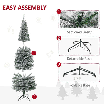 6ft Flocked Christmas Tree, Pencil Christmas Tree With Realistic Branch Tips, Folding Metal Stand, Green